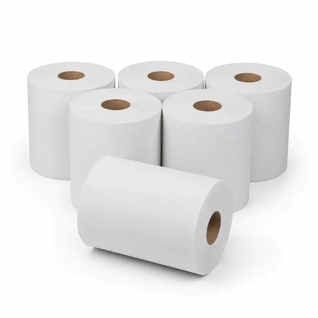 Wit Midi Poetspapier Gerecycled 1-Laags – 6 Rollen x 300 Meter – 19 cm Breed – Met Embossing en Trekbare Kern – Voor QuartzLine en PearlLine Dispensers 