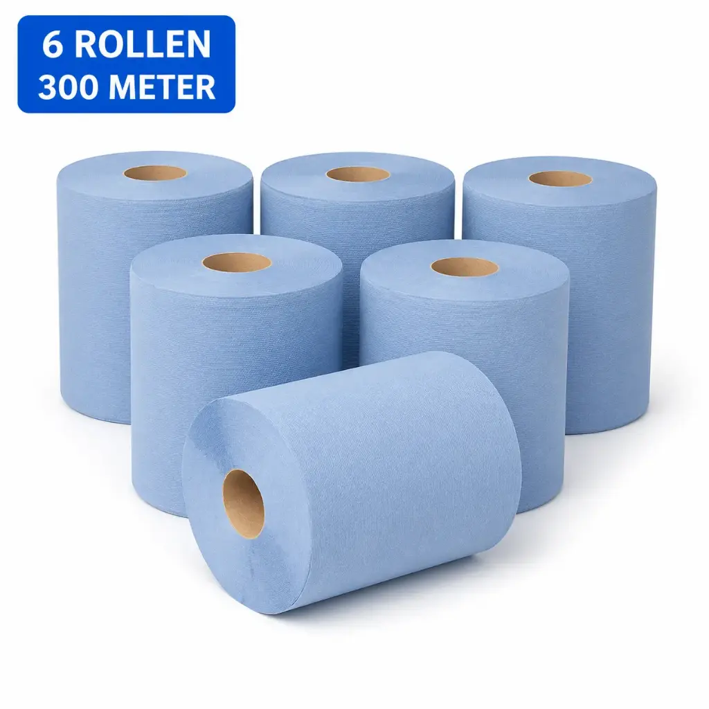 Blauw Poetspapier Midi 1-Laags – 6 Rollen x 300 Meter – Cellulose Reinigingspapier – 19 cm Breed – Ø 19 cm – Voor QuartzLine en PearlLine Dispensers