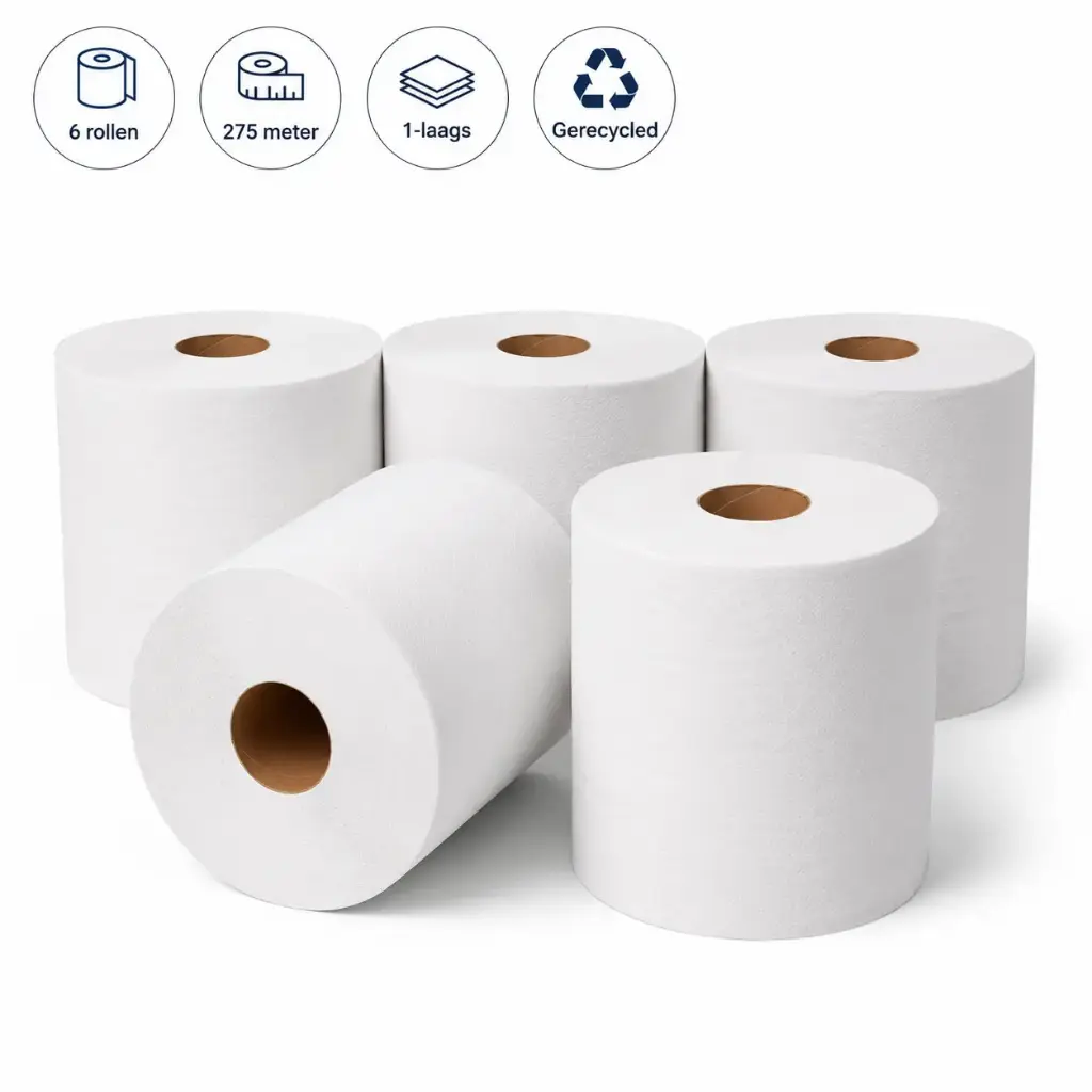 Midi Poetspapier Gerecycled – 6 Rollen x 275 Meter – 1-Laags – Embossed – Geschikt voor Midi Poetsroldispensers