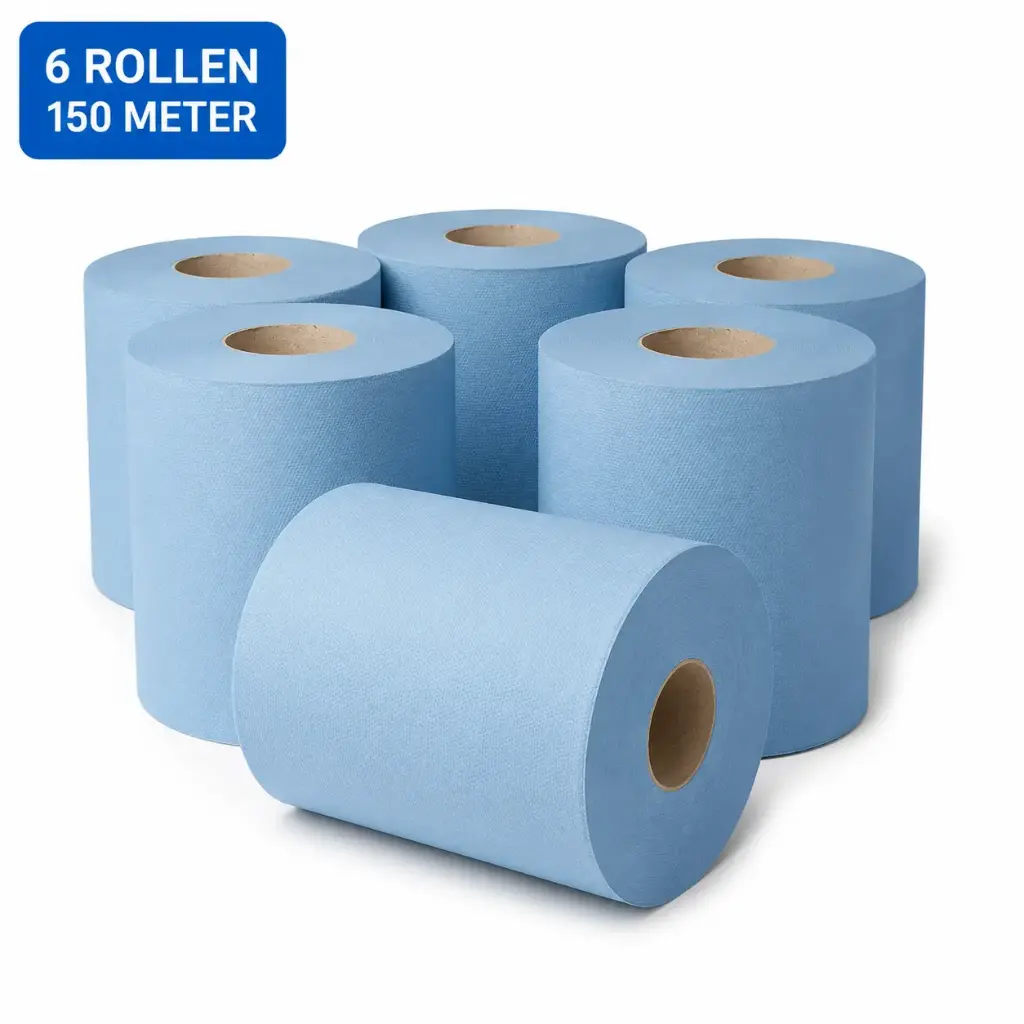 Blauw Midi Poetspapier Gerecycled 2-Laags – 6 Rollen x 150 Meter – 20 cm Breed – Kern 70 mm – Voor HACCP en Midi Dispensers