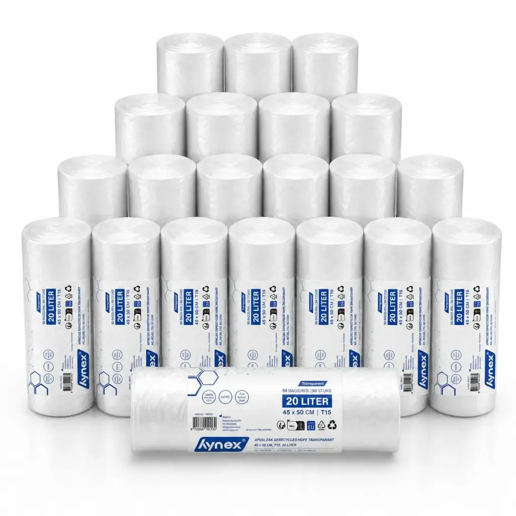 Afvalzak Gerecycled HDPE Transparant 45x50cm T15 20 Liter HY Per Doos 20 Rollen x 50 Stuks