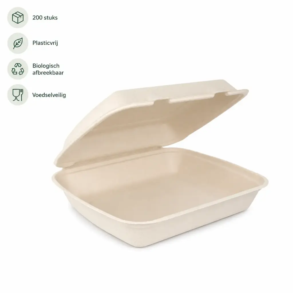 Suikerriet Menubox 1-Vaks – 200 Stuks – 240 x 205 x 65 mm – Plasticvrij & Biologisch Afbreekbaar – Naturel
