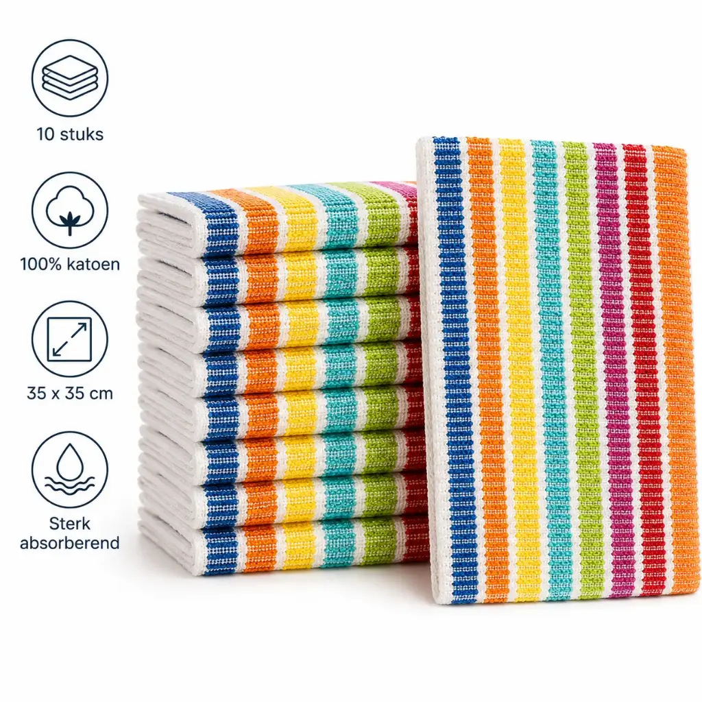 Vaatdoekjes Regenboog Gestreept – Set van 10 Stuks – 35 x 35 cm – 100% Katoenen Badstof – Sterk Absorberend – 350 g/m²