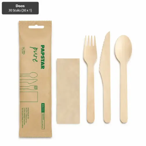 Bestekset, Hout "pure" : Mes, Vork, Lepel, Servet in papieren sleeve 30 Stuks