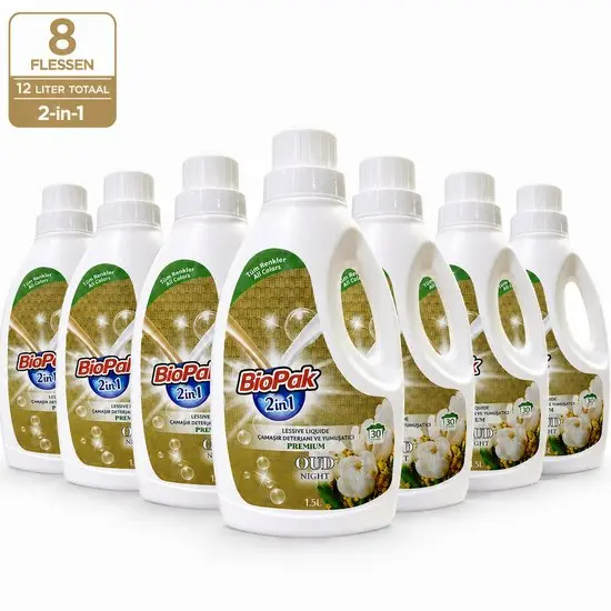 BioPak 2-in-1 Vloeibaar Wasmiddel & Wasverzachter Oud Night – 8 x 1,5 Liter – 12 Liter Totaal – Voor Gekleurde Was – Tot 240 Wasbeurten