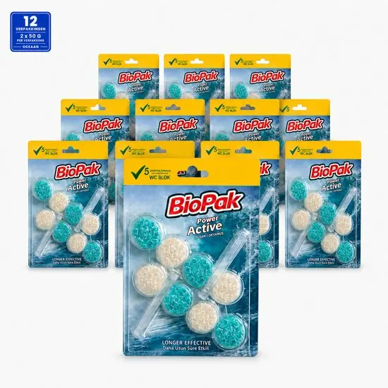 BioPak Power Active WC Blok Oceaan – Toiletblok met Frisse Oceaangeur – 12 Verpakkingen van 2 x 50 g – Toiletverfrisser voor de Toiletrand – 24 WC-Blokken