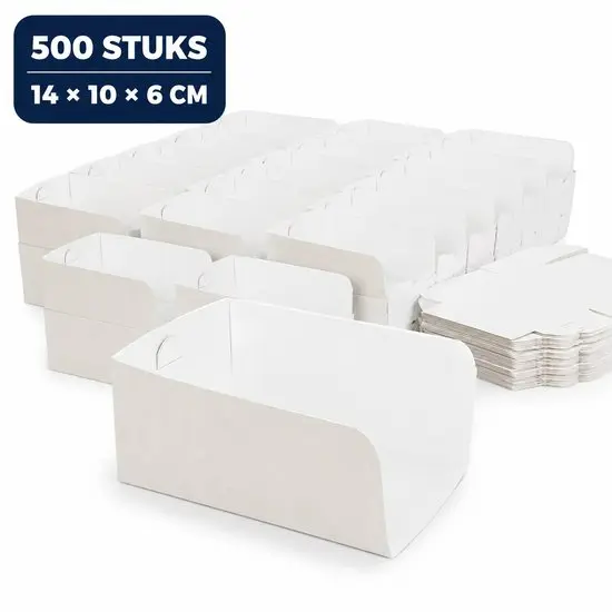 Zakschuivers 0,5 Pond – 500 Stuks – 14 x 10 x 6 cm – Witte Kartonnen Inschuifkartons voor Broodjes, Gebak en Snacks – Voedselveilig, Plasticvrij en Biologisch Afbreekbaar
