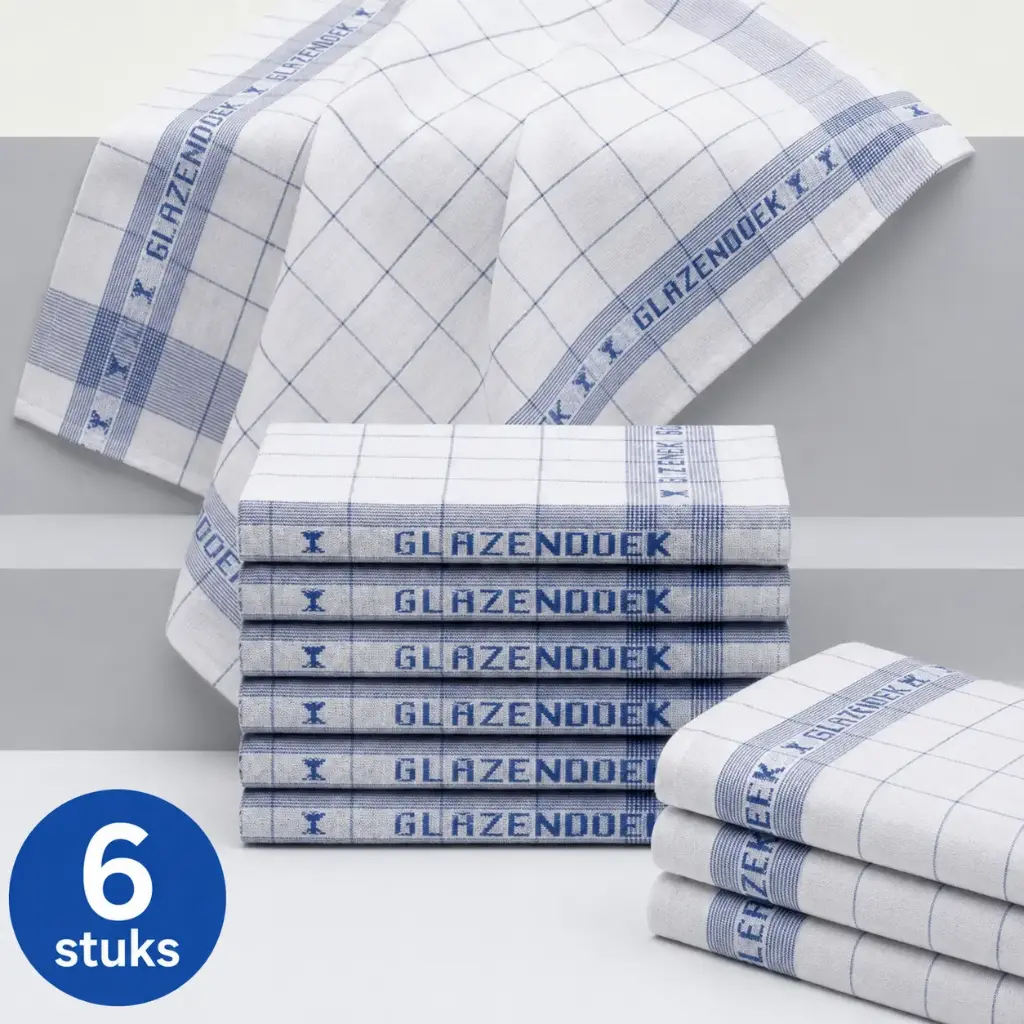 Horeca Glazendoeken – Per Zakje 6 Stuks – 65x65 cm – Blauw Geruit – 45% Katoen / 55% Ramee-Linnen / 95 gram per stuk (225 g/m²)