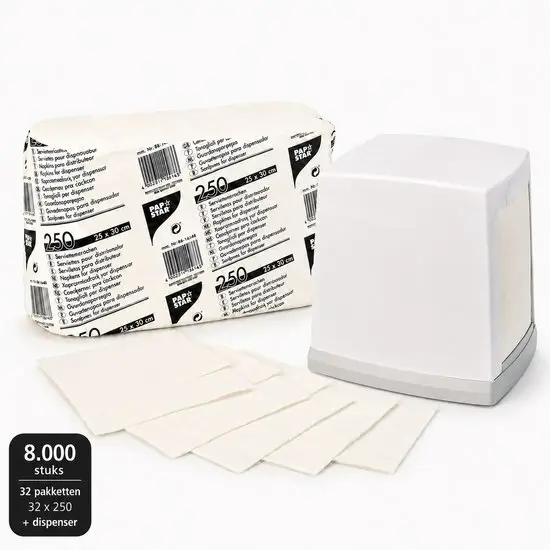 PAPSTAR Serviettendispenser met Navulservetten – 8.000 Witte Servetten – 32 x 250 Stuks – 1-Laags – 25 x 30 cm – Dispenser Grijs/Wit
