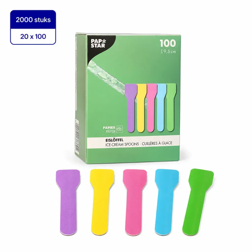 Bio gekleurde ijslepels papier 9,5 cm FSC 4 kleuren colours 100 Stuks