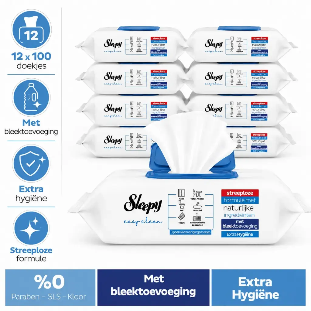 Sleepy Easy Clean Oppervlaktereinigingsdoekjes – 12 x 100 Doekjes – Met Bleektoevoeging – Streeploze Formule – Extra Hygiëne