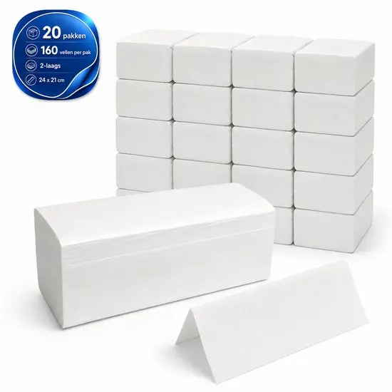 NaturaSterk V-Fold Papieren Handdoeken 2-Laags – 24 x 21 cm – 100% Cellulose – Wit – 20 Pakken x 160 Vellen – 3.200 Vellen