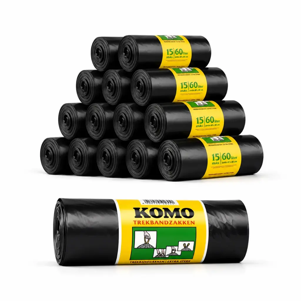 KOMO Afvalzakken met Trekband Zwart 60 Liter – 60 x 80 cm – 15 Rollen x 15 Zakken – 225 Stuks – Stevige Vuilniszakken voor Thuis, Kantoor en Horeca