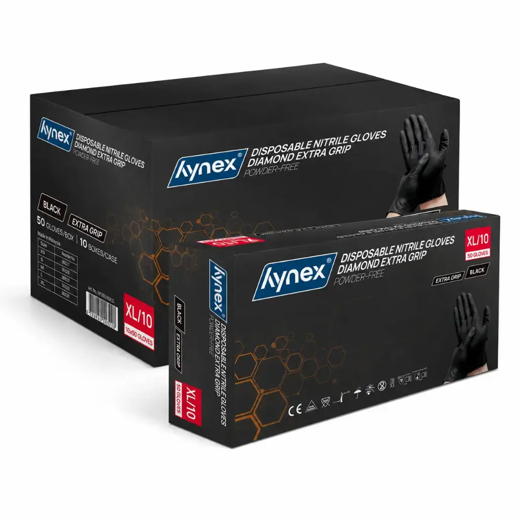 Hynex Nitril Handschoenen XL/10 – 500 Stuks – Zwart – Diamond Extra Grip – 8 Gram – Poedervrij & Latexvrij – Wegwerphandschoenen