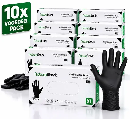 NaturaSterk Wegwerp Handschoenen - Nitril Handschoenen Maat XL - 3.5 g - 10 Pakket x 100 Stuks - Poedervrij - Latex vrij - Niet Steriel - Zwart
