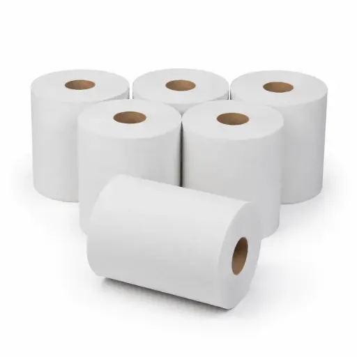 [NS140023] Wit Midi Poetspapier Gerecycled 1-Laags – 6 Rollen x 300 Meter – 19 cm Breed – Met Embossing en Trekbare Kern – Voor QuartzLine en PearlLine Dispensers 