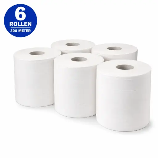 [NS140021] Midi Poetspapier Cellulose 1-Laags – 6 Rollen x 300 Meter – Totaal 1800 Meter – Witte Poetsrollen voor Professioneel Gebruik