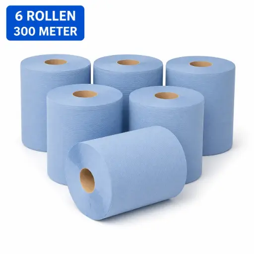 [NS140022] Blauw Poetspapier Midi 1-Laags – 6 Rollen x 300 Meter – Cellulose Reinigingspapier – 19 cm Breed – Ø 19 cm – Voor QuartzLine en PearlLine Dispensers