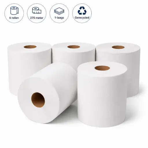 [NS140020] Midi Poetspapier Gerecycled – 6 Rollen x 275 Meter – 1-Laags – Embossed – Geschikt voor Midi Poetsroldispensers