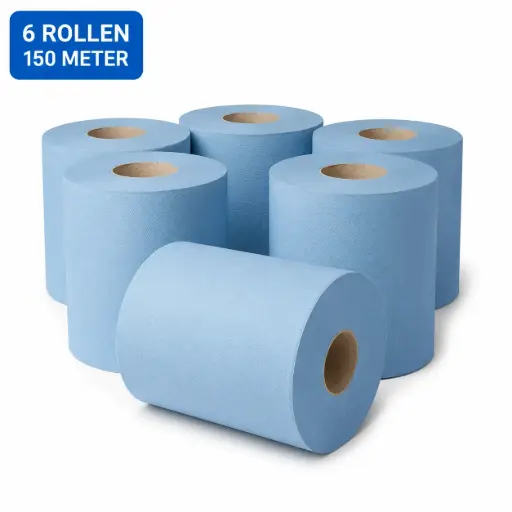 [NS140018] Blauw Midi Poetspapier Gerecycled 2-Laags – 6 Rollen x 150 Meter – 20 cm Breed – Kern 70 mm – Voor HACCP en Midi Dispensers