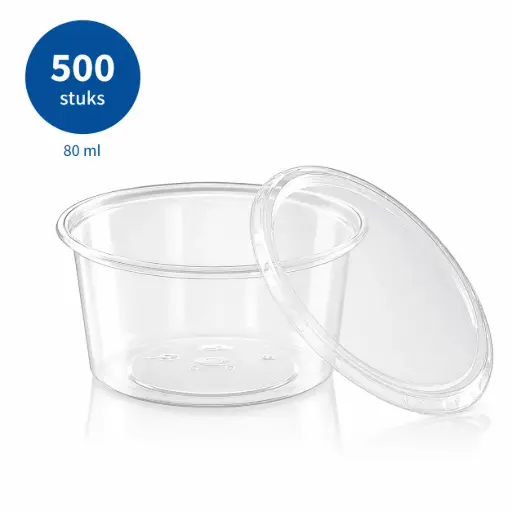 [NM120052] Dressingboxx ( Saucecup )Transparante PP  Deksel 80 ml – Sausbakjes voor Dressings, Dips en Proefporties – 75 x 35 mm – 500 Stuks