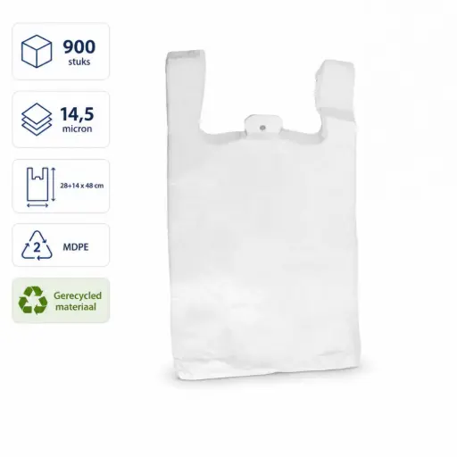 MDPE Hemddraagtassen Wit 28+14 x 48 cm – 14,5 Micron – Sterke Plastic Draagtassen met Zijvouw – Geschikt voor Voedsel en Afhaal – 900 Stuks