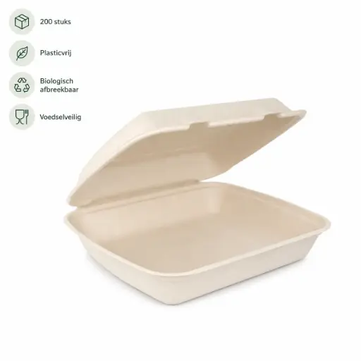 [NM120104] Suikerriet Menubox 1-Vaks – 200 Stuks – 240 x 205 x 65 mm – Plasticvrij & Biologisch Afbreekbaar – Naturel