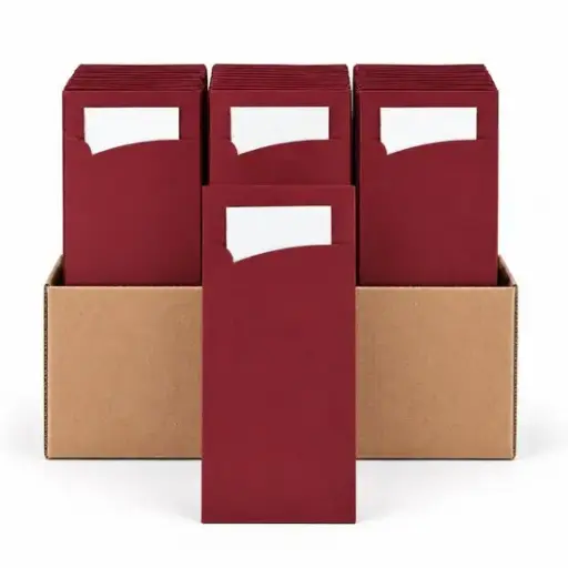 [NM120034] Bestekzakje pochette bordeaux met wit servet  600 Stuks