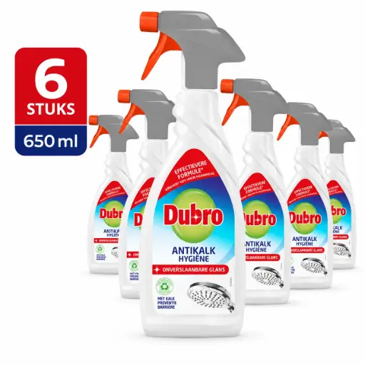 [DO150064] Dubro Antikalk Hygiëne Spray 650 ml – 6 Stuks – Kalkreiniger voor Douche, Tegels, Wastafel en Douchekop – Met Kalkpreventiebarrière