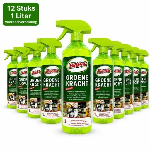 BioPak Groene Kracht Vlekkenverwijderaar – 12 x 1 Liter – Multifunctionele Reinigingsspray voor Tapijt, Keuken, Badkamer, Auto en Meubels 