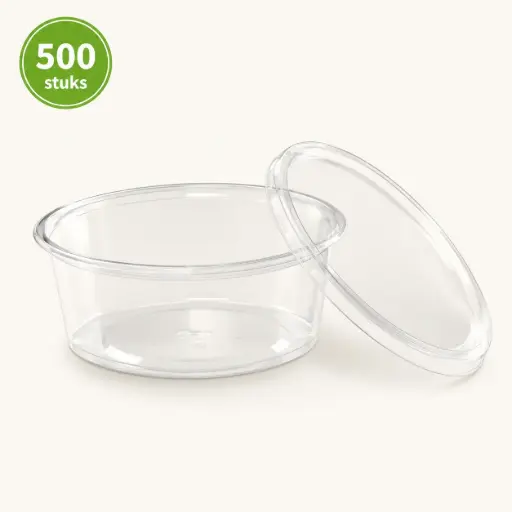 [NM120051] Dressingboxx Transparante Sauscup met Deksel 50 ml – PP Dressingbakjes – 500 Stuks – 75x24 mm Geschikt voor Sauzen, Dressings en Dips