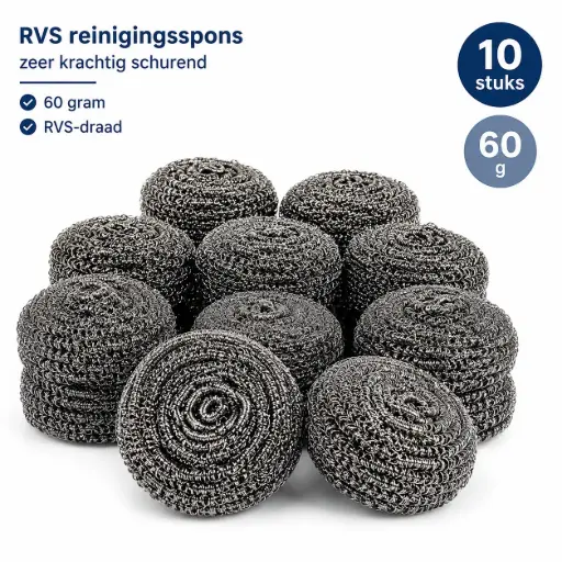 RVS Reinigingssponzen – 10 Stuks – 60 Gram per Spons – Krachtige Schuursponzen van RVS-Draad voor Pannen, Ovenroosters en BBQ