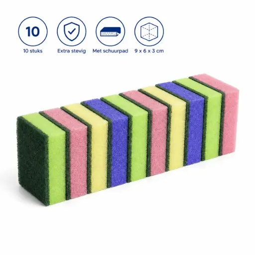 [BR150148] Gekleurde Schuursponzen – Set van 10 Stuks – 9 x 6 x 3 cm – Extra Stevig – Met Schuurpad – Voor Keuken en Schoonmaak