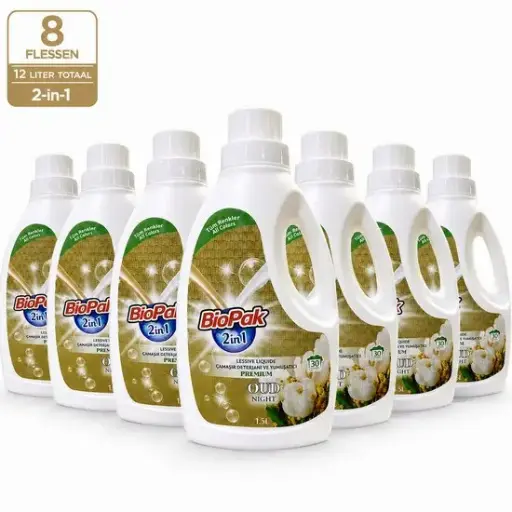 BioPak 2-in-1 Vloeibaar Wasmiddel & Wasverzachter Oud Night – 8 x 1,5 Liter – 12 Liter Totaal – Voor Gekleurde Was – Tot 240 Wasbeurten
