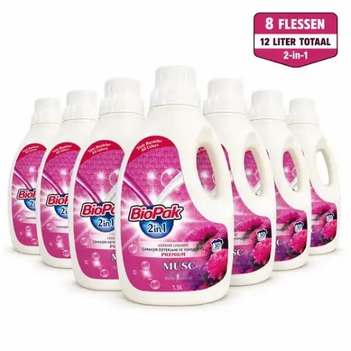 [BP150171] BioPak 2-in-1 Vloeibaar Wasmiddel & Wasverzachter Musc – 8 x 1,5 Liter – 12 Liter Totaal – Voor Gekleurde Was – Tot 240 Wasbeurten