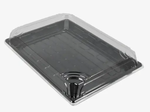 Sushi Trays met Transparante Deksel – 200 Sets – 256 x 185 x 20 mm – Zwarte PET Schalen voor Sushi, Sashimi en Takeaway