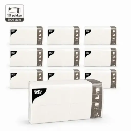 [PP120150] PAPSTAR Servetten Wit – 1-laags – 1/8-vouw – 33 x 33 cm – Prägeservetten – FSC® gecertificeerd – 10 pakken x 500 stuks – 5000 servetten
