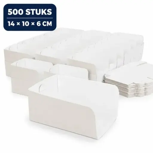 Zakschuivers 0,5 Pond – 500 Stuks – 14 x 10 x 6 cm – Witte Kartonnen Inschuifkartons voor Broodjes, Gebak en Snacks – Voedselveilig, Plasticvrij en Biologisch Afbreekbaar