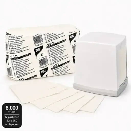 [CC00185] PAPSTAR Serviettendispenser met Navulservetten – 8.000 Witte Servetten – 32 x 250 Stuks – 1-Laags – 25 x 30 cm – Dispenser Grijs/Wit