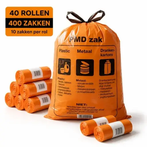 [CC00221] PMD Vuilniszakken met Opdruk – 60 Liter – Oranje LDPE – 28 Micron – 61 x 80 cm + 5 cm – Trekband – 40 Rollen x 10 Zakken 