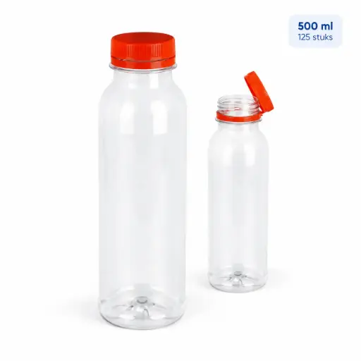[HRC00118] rPET Flesjes 500 ml met Vaste Oranje Dop – 125 Stuks – Transparante Sapflessen voor Smoothies, Sappen en Koude Dranken