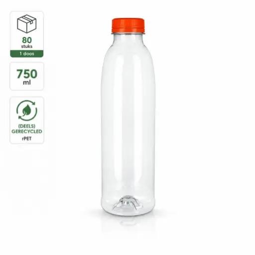 [HRC00119] rPET Sapflessen 750 ml met Vaste Oranje Dop – Transparante Drankflessen – Geschikt voor Sap, Smoothies, Water en IJsthee – 80 Stuks