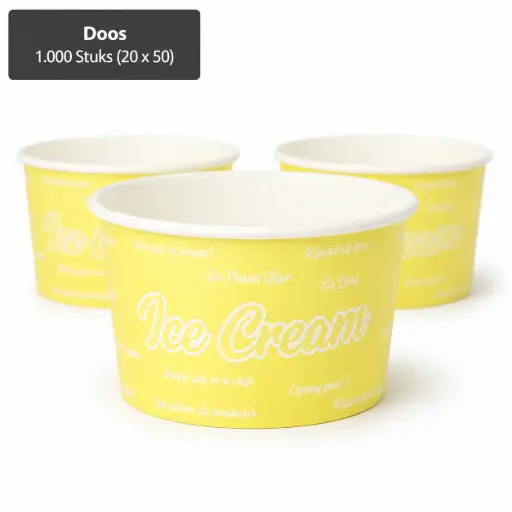 [PP120227] IJsbekers, karton 200 ml Ø 9,5 cm · 6 cm geel "Icelove"  1000 stuks (20x50)