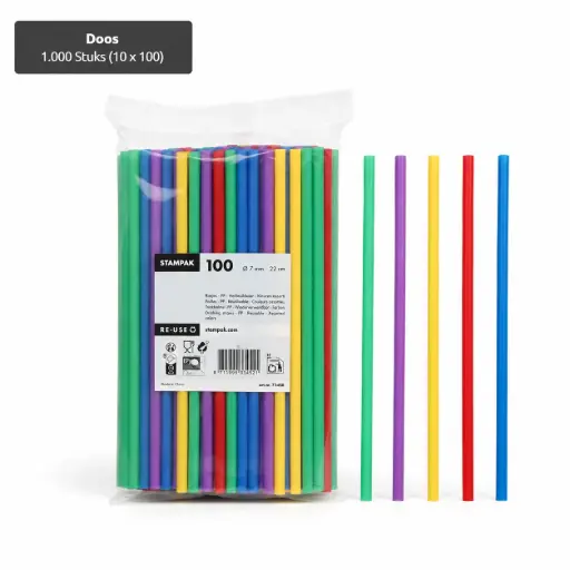 [PP120228] Herbruikbare rietjes PP Ø 7 mm · 22 cm reusable shake drinkrietjes assorti kleuren 1000 stuks (10x100)