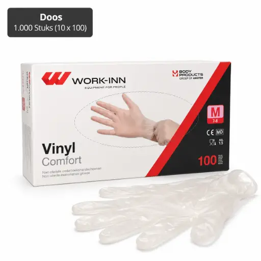 [PP150200] Vinyl handschoenen transparant & poedervrij "Comfort" maat M ongepoederd 1000 stuks (10x100)