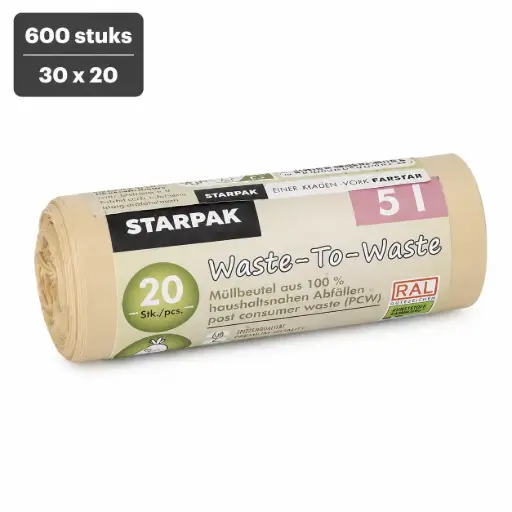 [PP150209] PCW afvalzakken "Waste-to-Waste" 5 l 44 x 36 cm Blauwe Engel vuilniszakken van 100% gerecycleerd kunststof beige, 10 my 600 stuks (30x20)