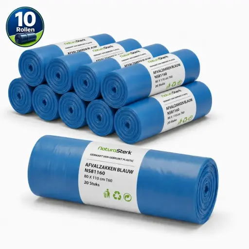 [NS150221] NaturaSterk Afvalzak Blauw T60 80x110 cm 145 Liter HDPE-LDPE 10 Rollen x20 Stuks ( Per Doos Totaal 200 Stuks ) 