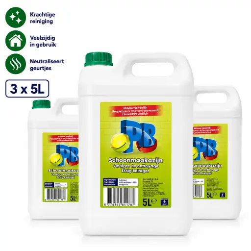 [PB150127] PB Schoonmaakazijn 3 x 5 Liter – 15 Liter Totaal – 8% Zuur – Voor Ontkalken, Reinigen en Geurtjes Neutraliseren – Veelzijdige Schoonmaakoplossing