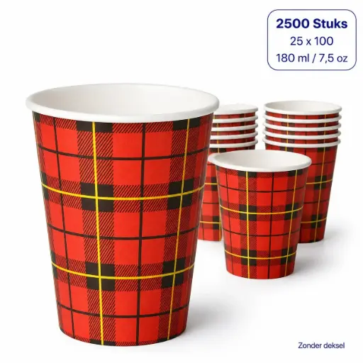 [NM120086] Papieren Koffiebekers Rood Schotse Ruit – 180 ml / 7,5 oz – 2500 Stuks – 25 x 100 – Voor Koffie, Thee en Warme Dranken