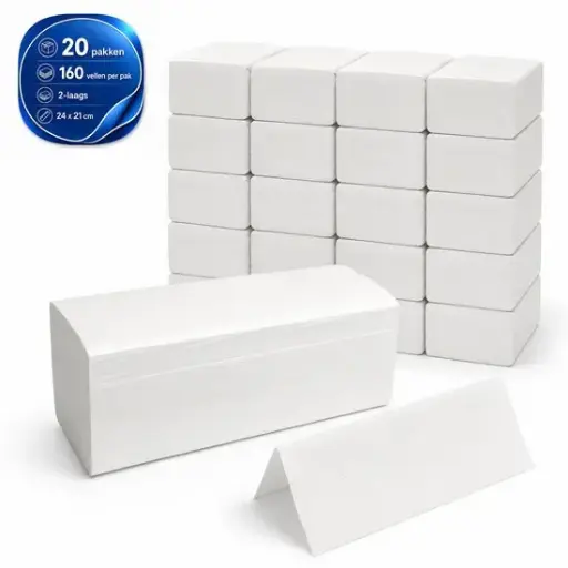 [NS140011] NaturaSterk V-Fold Papieren Handdoeken 2-Laags – 24 x 21 cm – 100% Cellulose – Wit – 20 Pakken x 160 Vellen – 3.200 Vellen